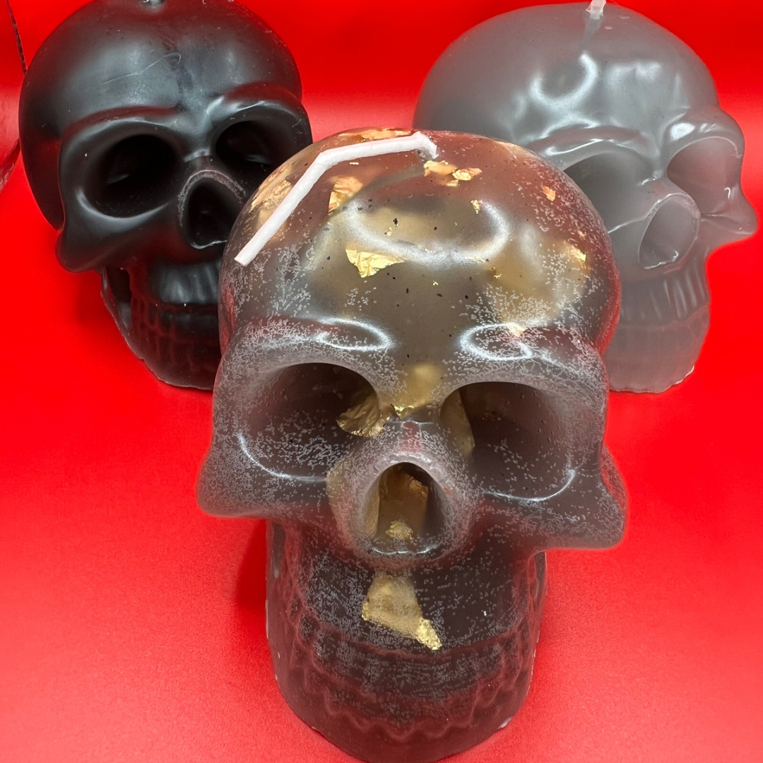 Colored Beeswax Skull candle with Gold